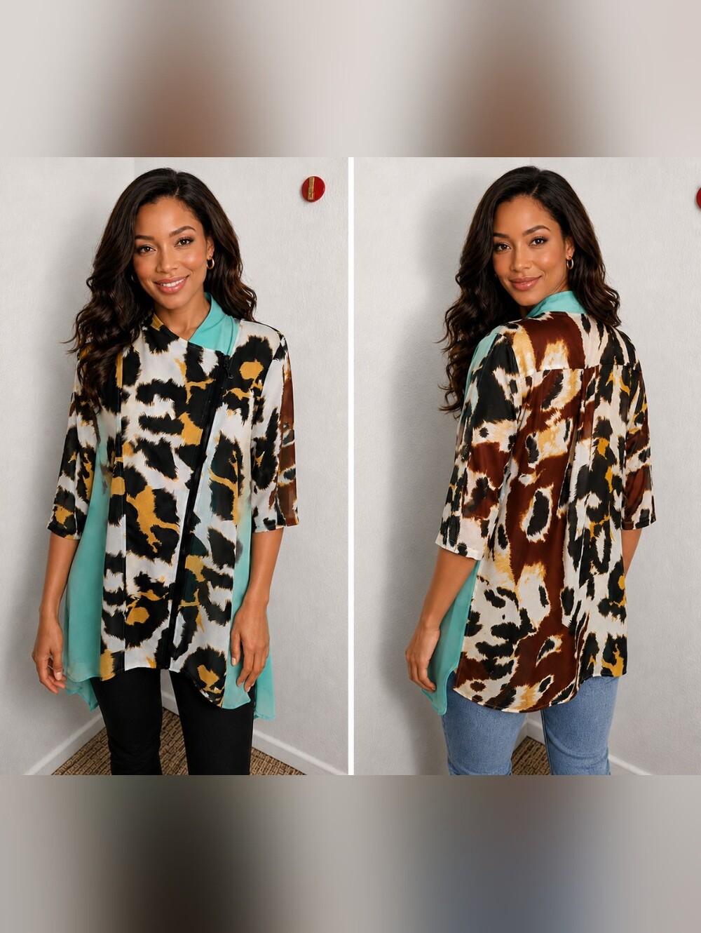 Feratelli Animal Print/Mint Green Asymmetrical Zip-Front Tunic Longer Sides Sz M